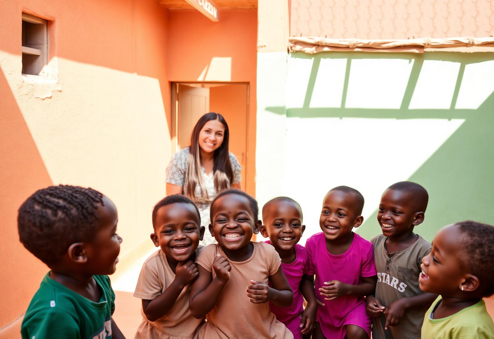 Des enfants et une enseignante souriants dans la cour de l'école