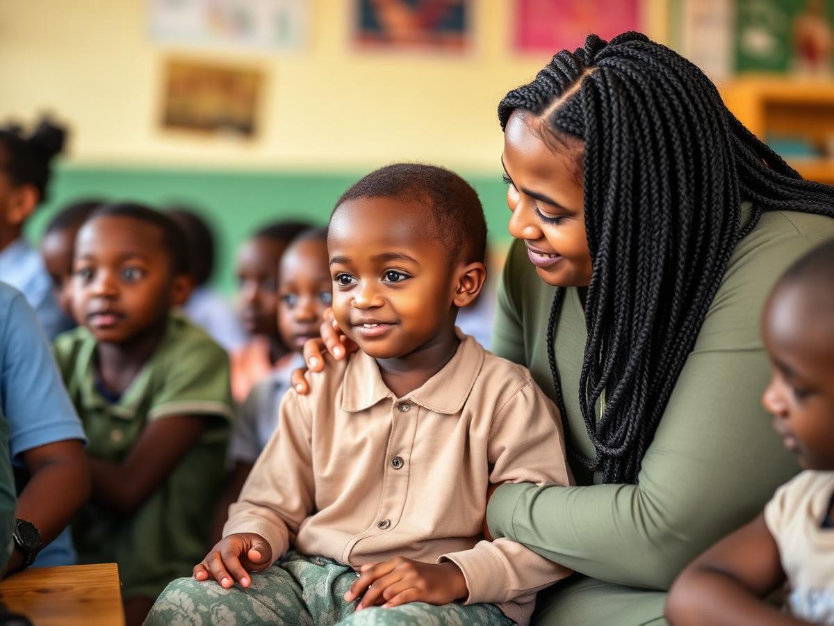 Une enseignante accompagne un enfant pendant une activité de groupe