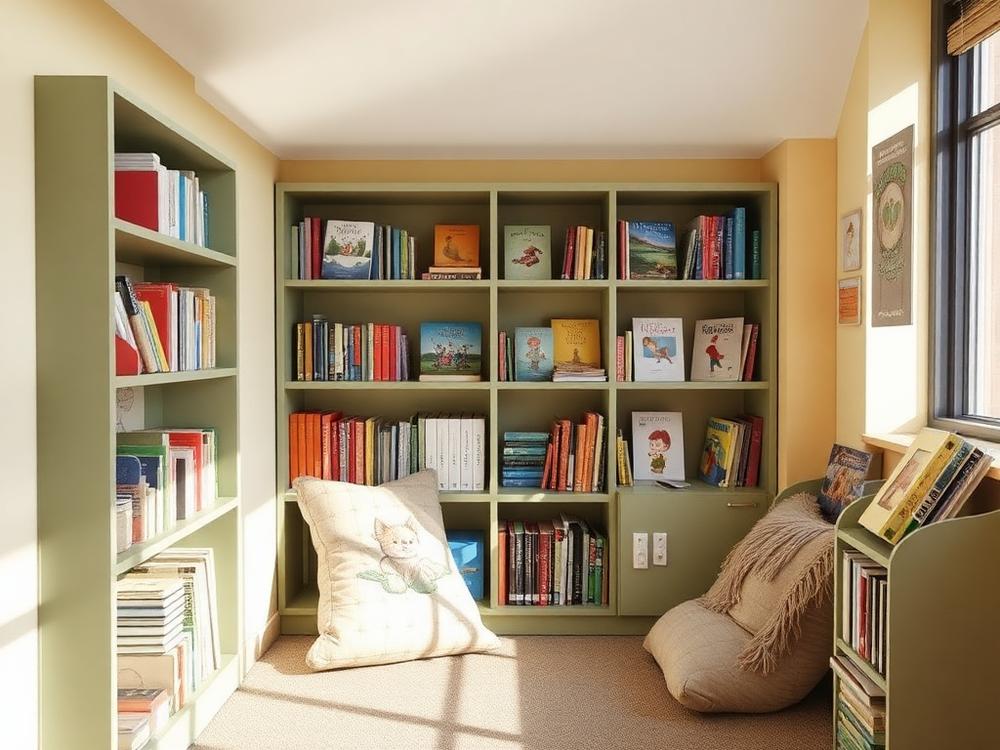 Le coin bibliothèque de l'école avec ses étagères et ses coussins